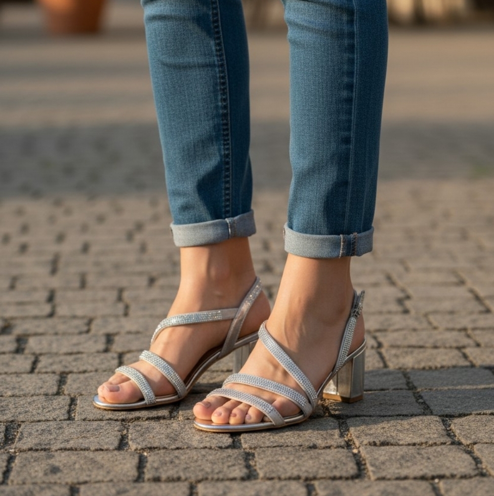 Naturalizer Silver Rhinestone Strappy Block Heel Sandal